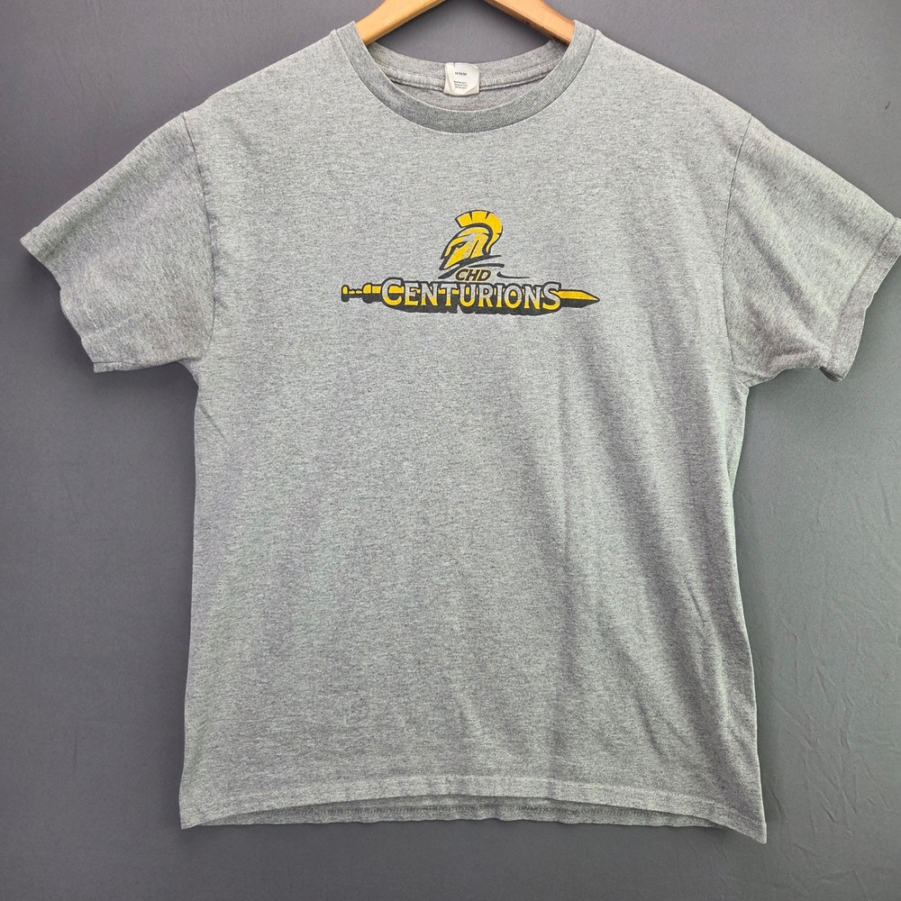 Hanes CHD Centurions Graphic T-Shirt Size M Grey Spartan Helmet Sword Tee